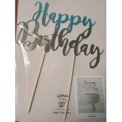 Zapichovací dekorace na dort stříbrná Happy Birthday