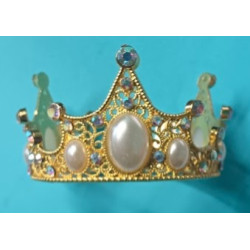 Nejedlá dekorace kovová Koruna zlatá s holografickými kamínky a bílými perlami